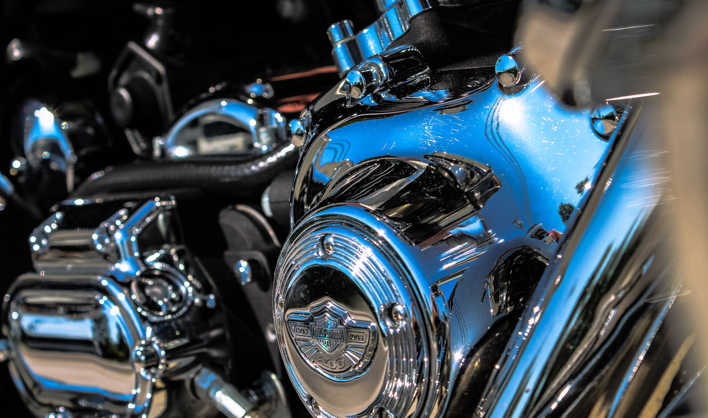 The motorcycle motor after Motorcycle Detail. The water marks have been removed. The chrome motor is polished and protected.