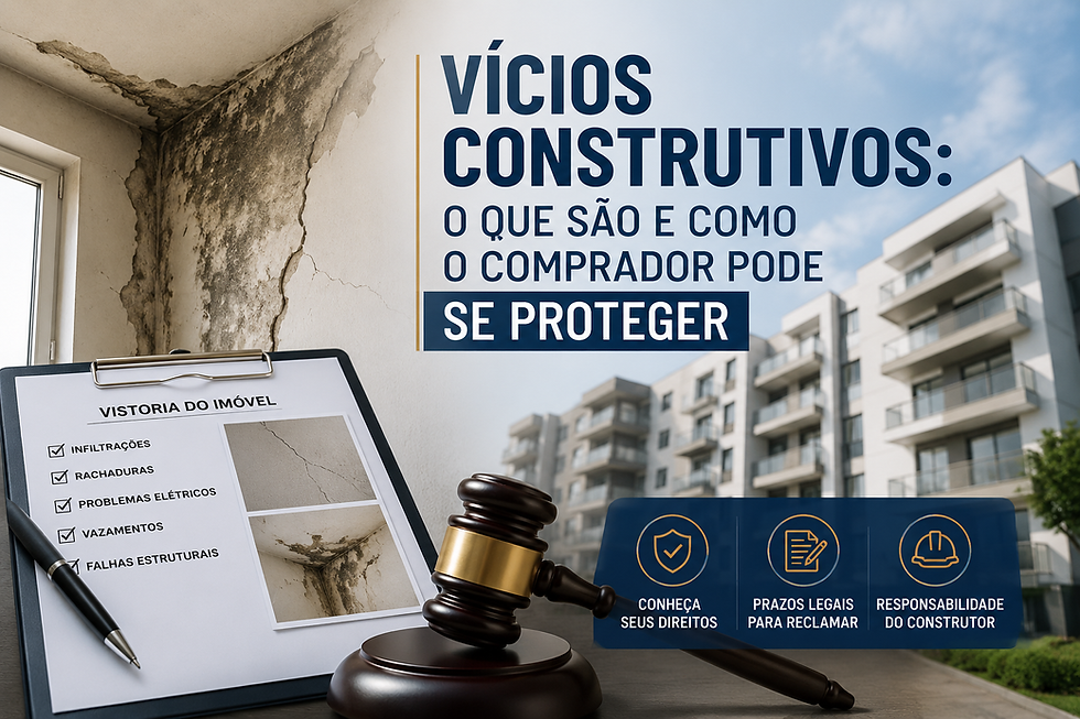Imagem ilustrativa sobre vícios construtivos em imóvel residencial, mostrando infiltrações, rachaduras e falhas estruturais ao lado de martelo judicial e prédio residencial, representando os direitos do comprador contra construtora.