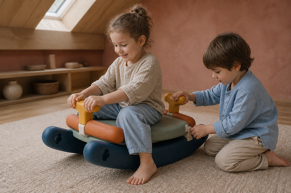 Dzieci budujące i testujące jeździk EPP / Children building and testing a modular EPP ride-on toy