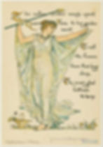 A watercolor illustration of a woman with her arms outstretched, and a basket of flowers at her feet.
