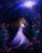 A couple dancing under the moonlight with stars overhead and roses surrounding them
