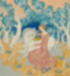 A medieval style illustration of a maid setting with a unicorn in a forest.