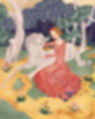 A medieval style illustration of a maid setting with a unicorn in a forest.