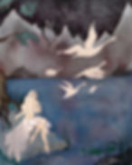 A woman sits a the water edge with a flock of white swans taking to the air. Mountain tops and a small castle are in the horizon.