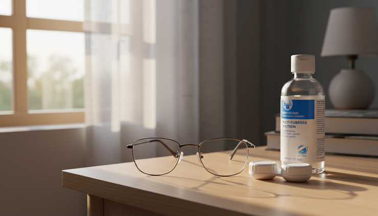 Close-up view of a person placing spectacles beside a contact lens case