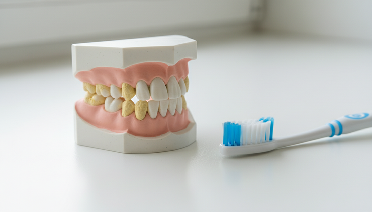 Eye-level view of a dental model showing plaque near the gumline.