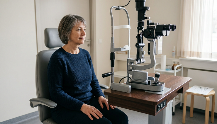 Eye-level view of a patient sitting beside an eye examination device.