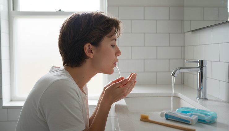 Side view of a person rinsing their mouth with water near a bathroom sink.