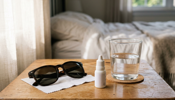 Close-up view of sunglasses and lubricating eye drops on a bedside table.