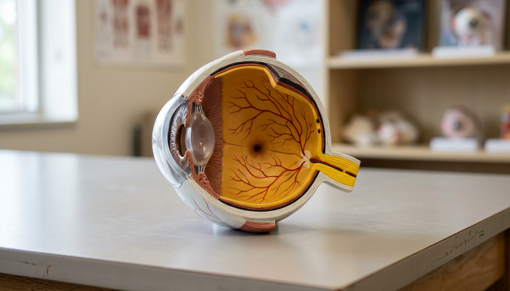 Close-up view of a retinal examination model with soft light on the eye structure