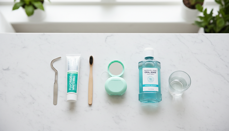 Overhead view of floss, tongue scraper, toothbrush, and mouthwash arranged neatly.
