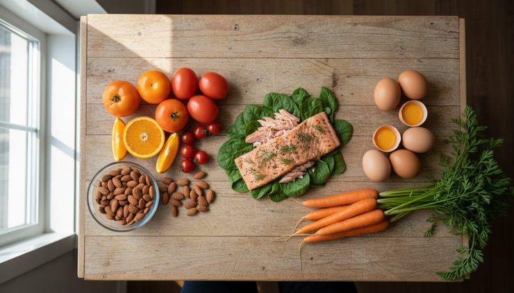 Overhead view of colourful eye-friendly foods on a kitchen table