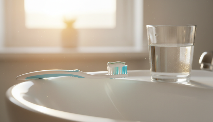 Close-up view of a toothbrush with toothpaste beside a glass of water.