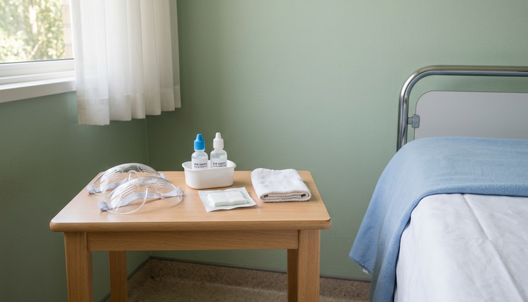 Wide-angle view of a quiet recovery room with protective eye shields on a side table.