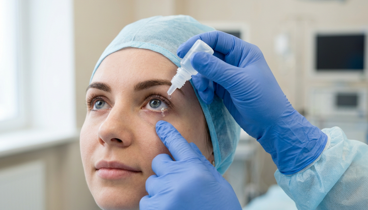 Close-up view of numbing eye drops being placed near one eye.
