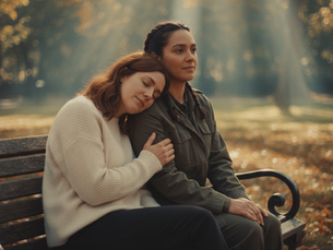 Two friends sitting on a park bench
