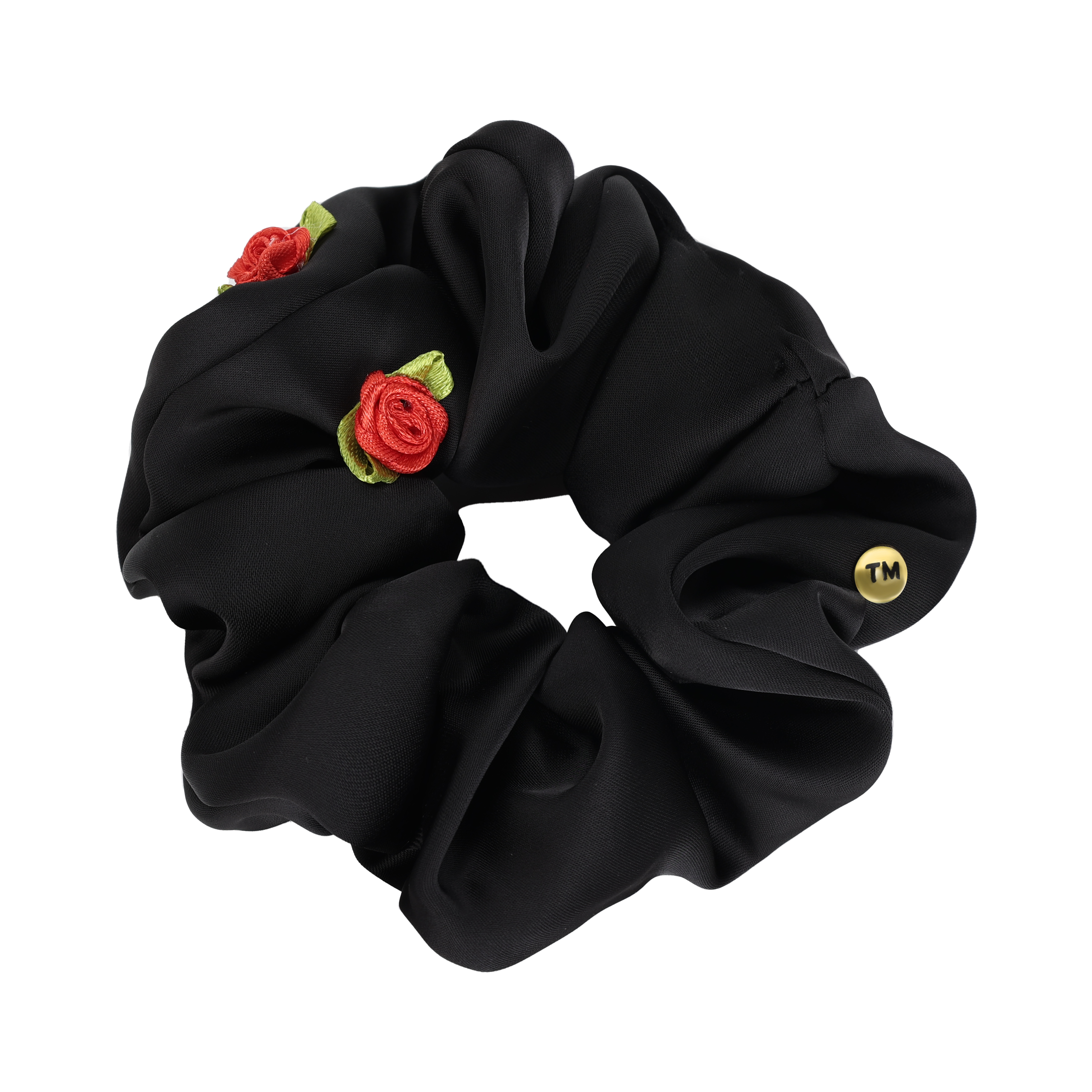 Satin Mini Flowers Scrunchie With Red Flowers (Black)
