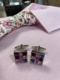 Pink herringbone shirt with floral tie and cufflinks