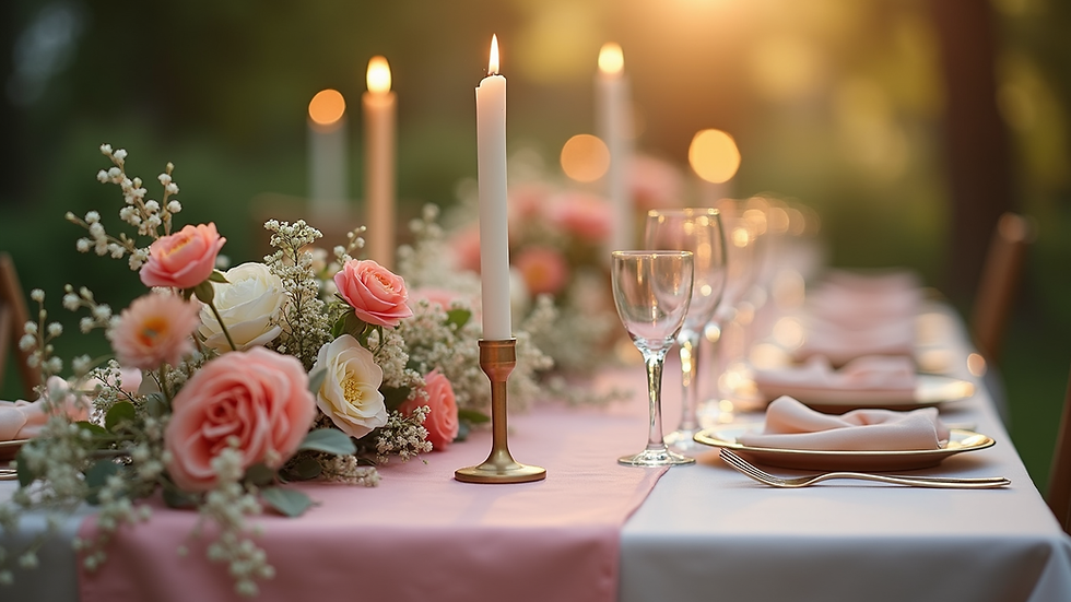 Eye-level view of a decorated fairy garden party table with pastel flowers and fairy lights