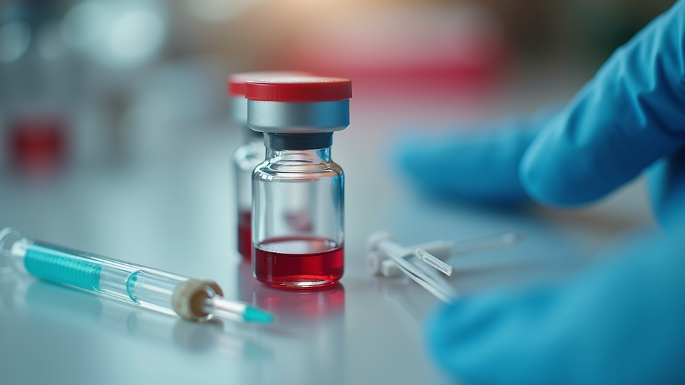 Close-up view of a blood test kit with vials and needles