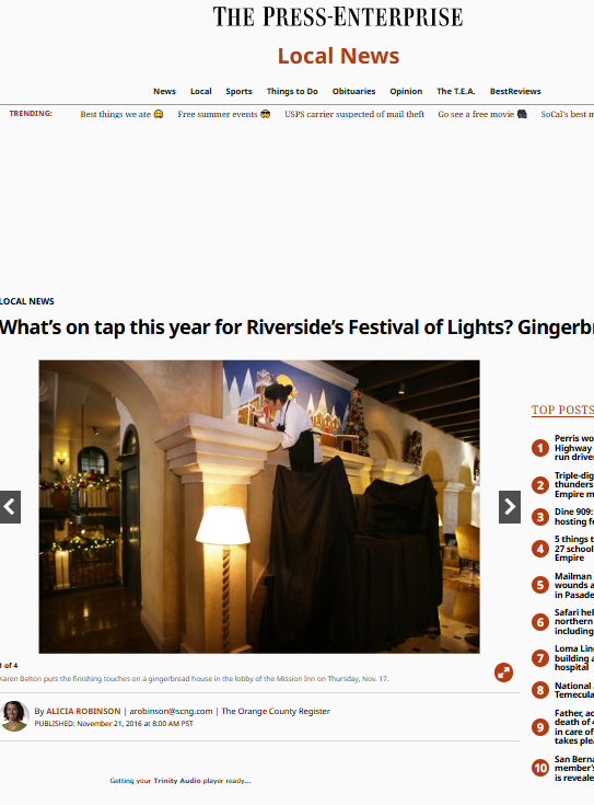 Press-Enterprise feature about Karen Belton's Festival of Lights gingerbread display
