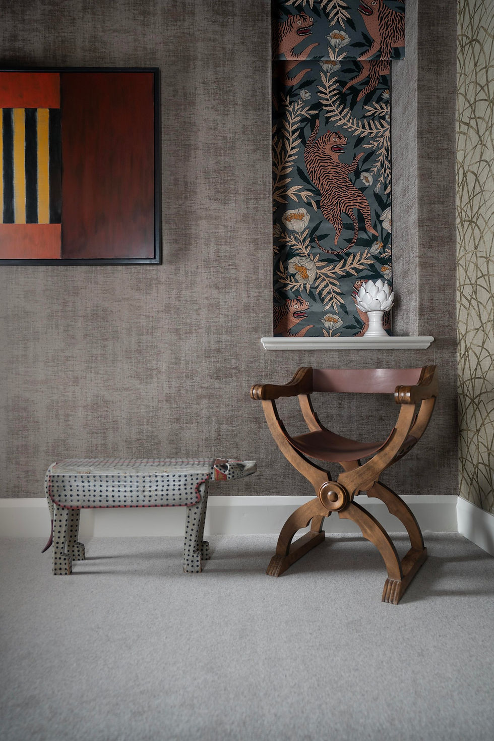 Tranquil guest bedroom with a play twist with the addition of out Tora Pistachio vevlet