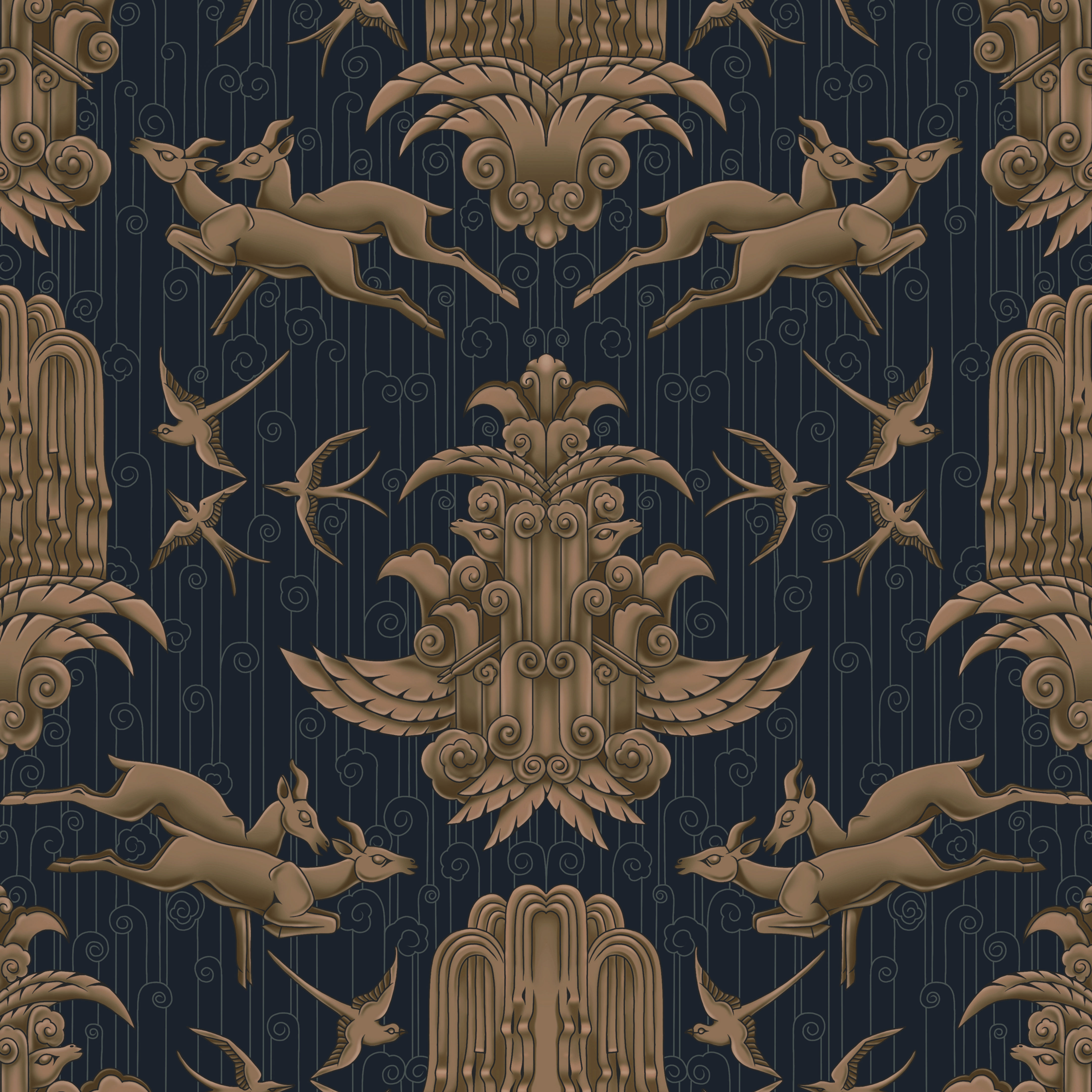 Gilbert No. 99 inky navy upholstery fabric sample featuring a tonal Art Deco pattern with deer and swallows.