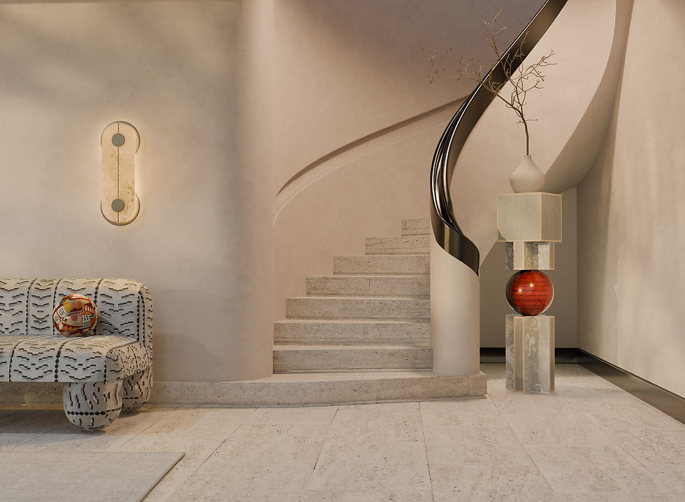 Thumbnail: Shokunin Totem plant stand with red bamboo sphere, set in a soft-toned interior beside a curved staircase and sculptural sofa