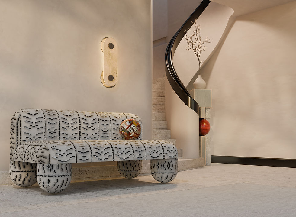 Thumbnail: Luxury interior with Noom sofa and handcrafted Shokunin plant stand in opal-dyed sycamore with red sphere