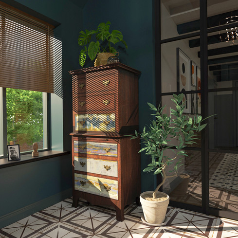 Vintage Tallboy sat in a blue entryway