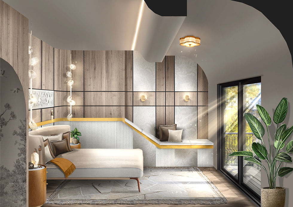 Interior concept visualisation showing timber panels, seating and integrated lighting.