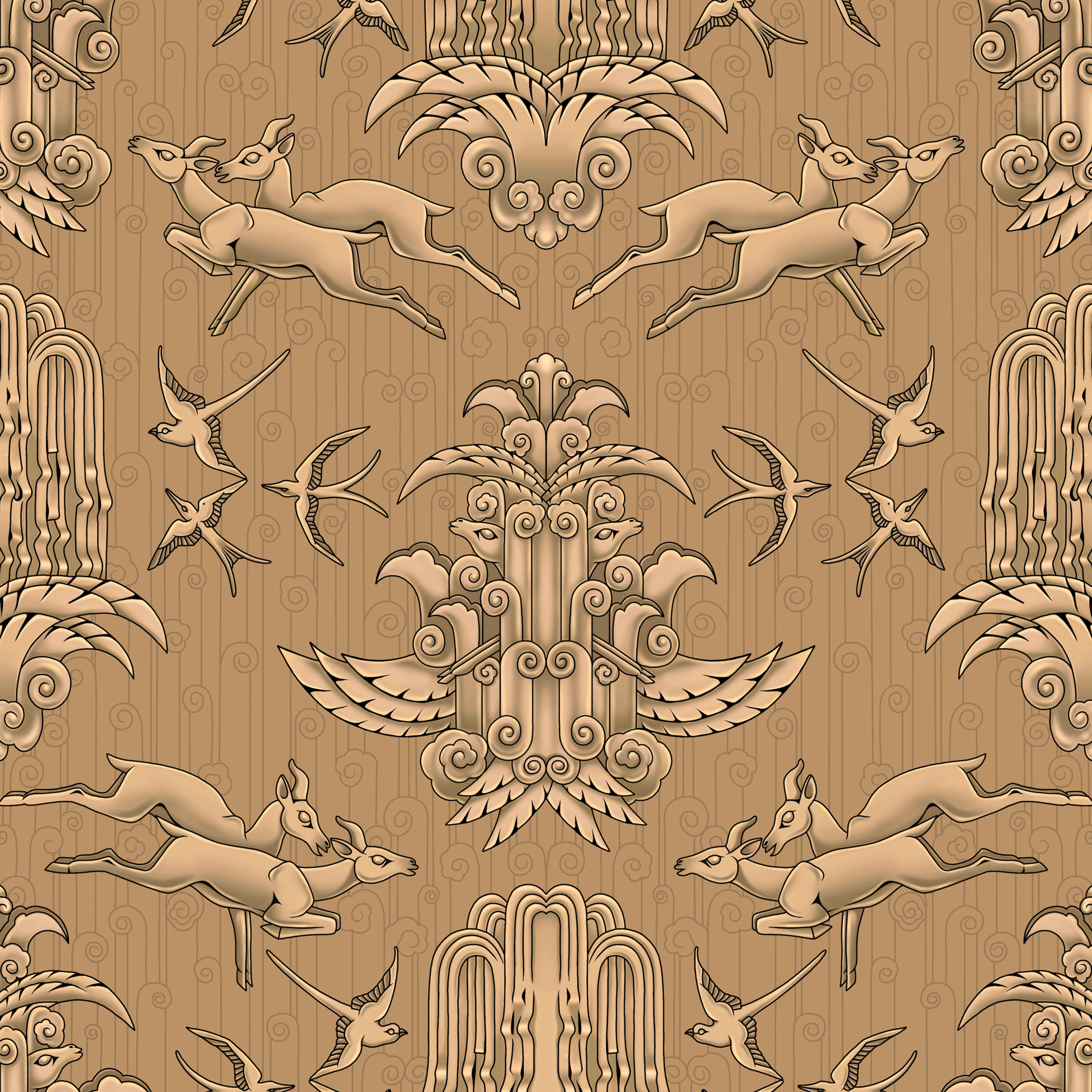 Gilbert Derry toasted butter upholstery fabric sample in recycled velvet and 100% linen, featuring a tonal Art Deco pattern