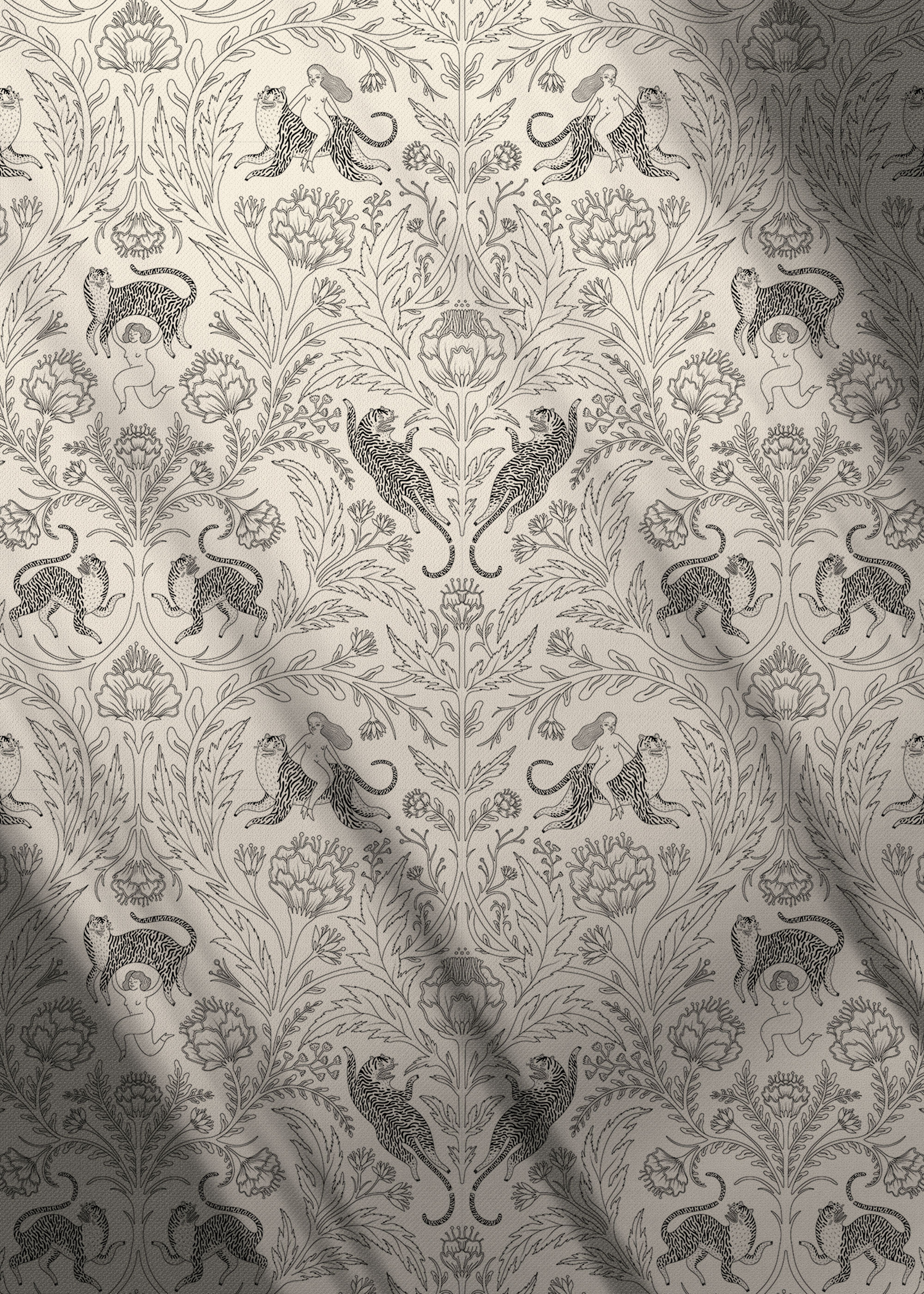 Flat lay showing the full meter of the Panthera Champagne fabric, showing the details of the botanical tiger design