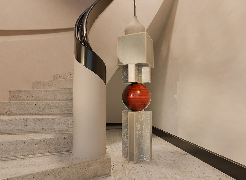Thumbnail: Shokunin plant stand in opal-dyed sycamore with red bamboo sphere, set by a curved staircase in a minimalist interior