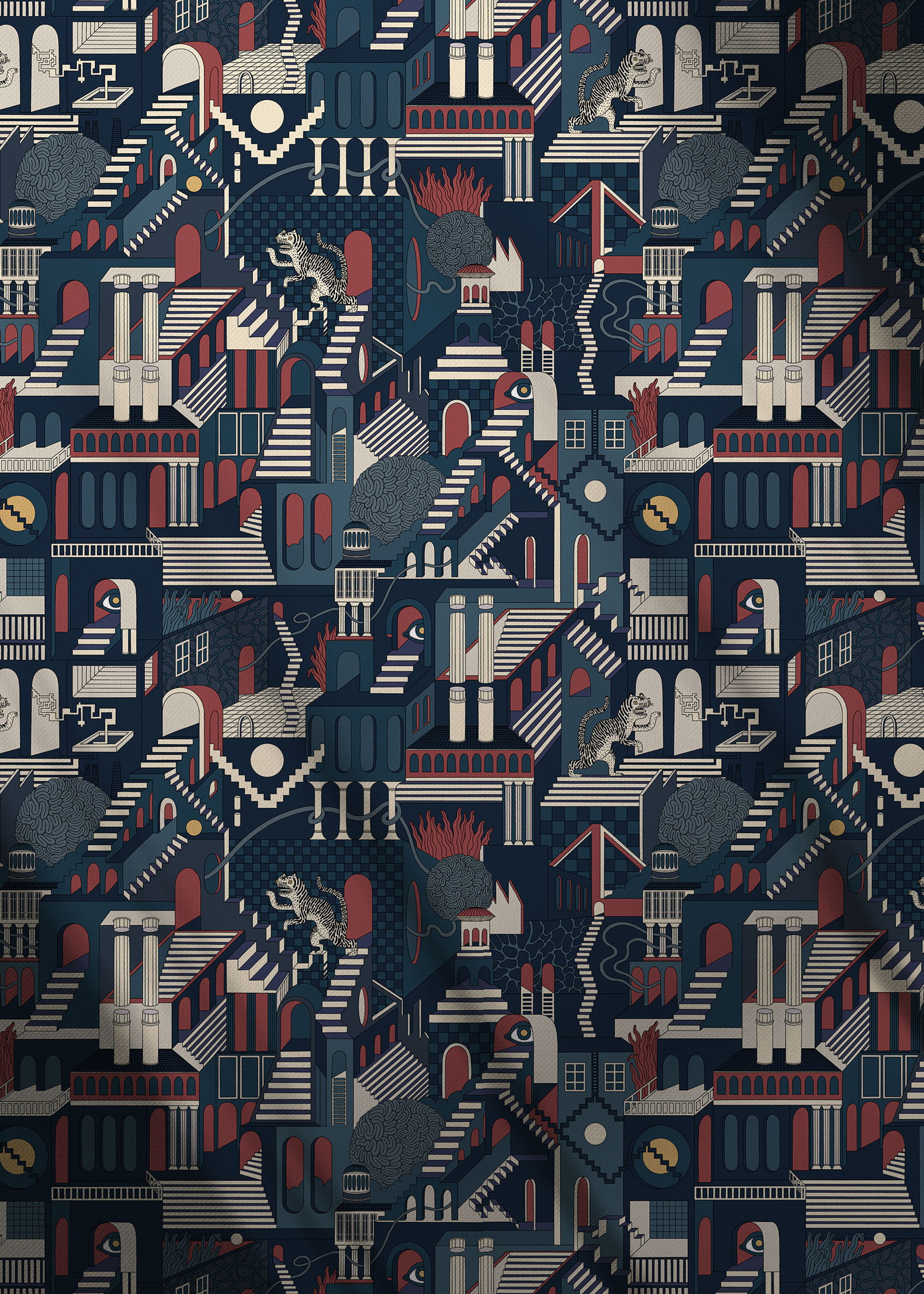 Flat lay showing the full meter of the Penrose Prowl Bauhaus fabric, showing the details of the cat and architectural design