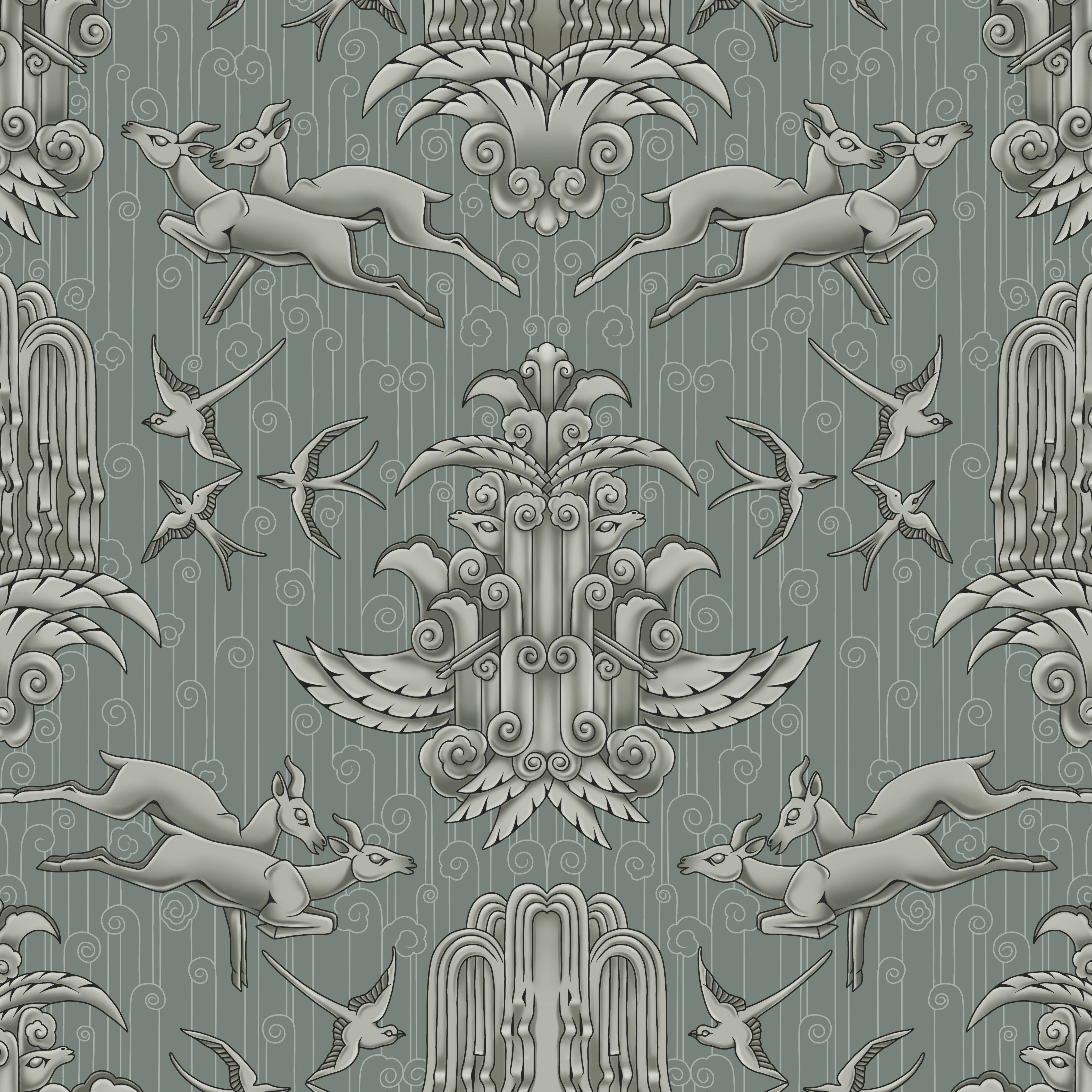 Gilbert Bromsgrove sage green upholstery fabric sample featuring a tonal Art Deco pattern with deer and swallows.