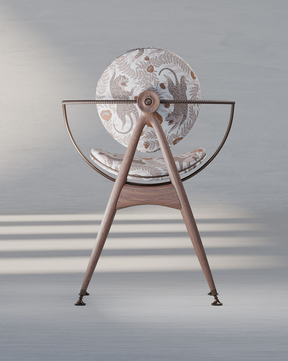 Tora Albinae fabric on a chair, soft blush and terracotta tones with leaping tigers and foliage, printed on natural linen.