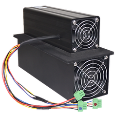 Stacked industrial power supply units with cooling fans.