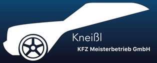 Ein Blaues, rechteckiges Logo. Darauf die Silhouette eines weißen Autos und die Schrift: Kneißl KFZ Meisterbetrieb GmbH