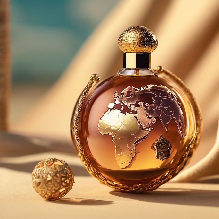 A world of fragrance, symbolised on a perfume bottle is the world globe, all in luxurious design and gold colours, to perceive the warm intimate feeling of comfort and luxury.