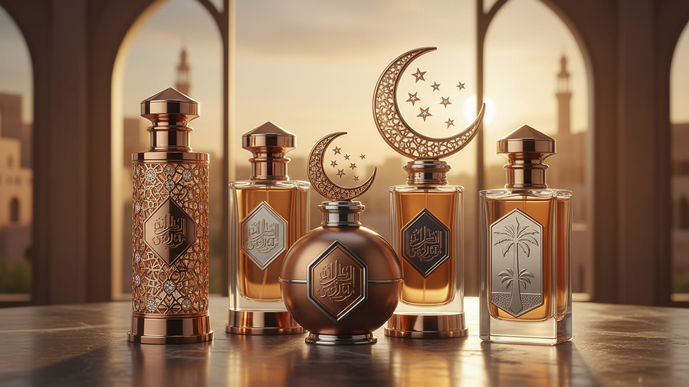 Eye-level view of elegant perfume bottles with intricate Arabian designs