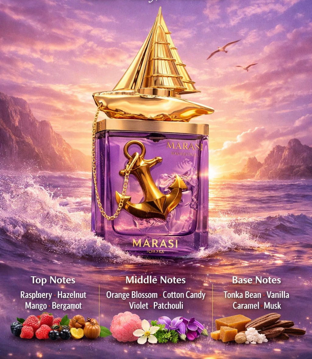 Purple crystal perfume bottle, Gold yacht styled lid. giving nautical imagery