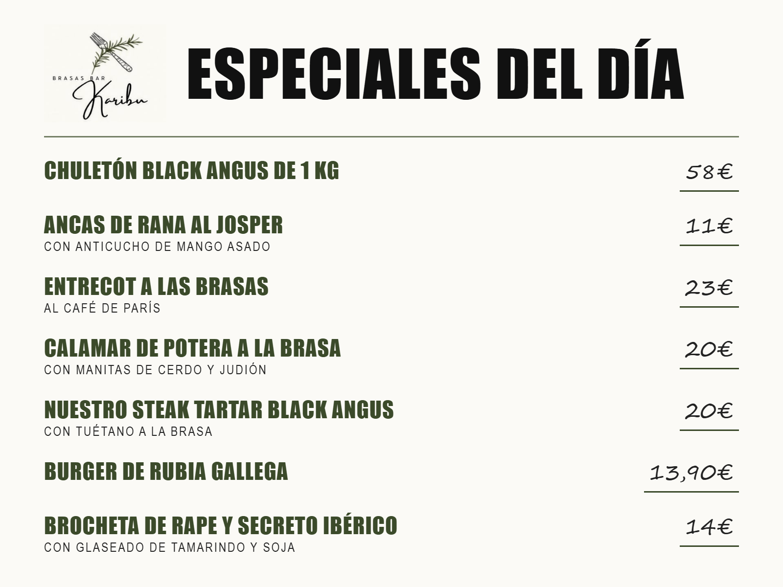 Especiales de la pizarra de Brasas Bar Karibu