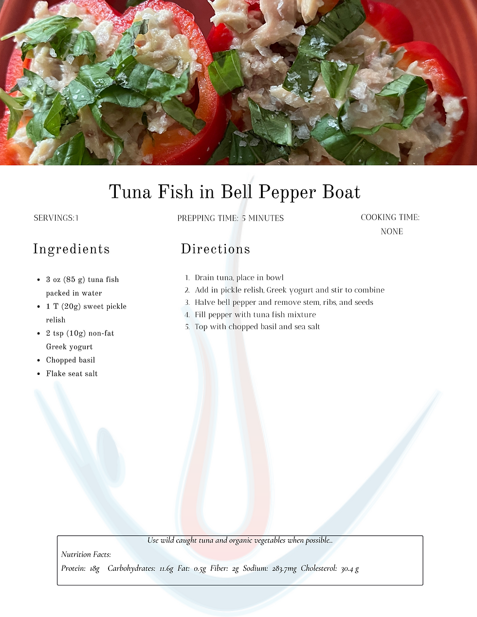 Recipe card: High-protein, low-fat snack with red peppers and tuna. Boost muscle, bone, and brain health with this nutritious option.