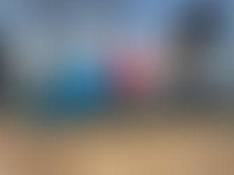 A woman in blue and red, in a yoga pose with a lake in the background