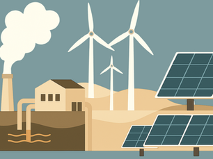Stylized digital illustration comparing geothermal, wind, and solar energy. Features a compact geothermal plant with above-ground piping, wind turbines on rolling hills, and dual solar panel arrays, all set in a minimalist earth-tone landscape.