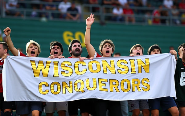 Ten soccer fans, in the stadium, chanting with a banner with the words _Wisconsin Conquero
