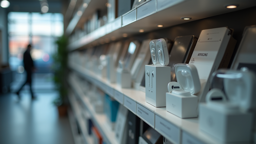 High angle view of earbuds displayed on a tech store shelf
