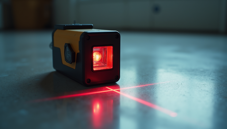 Eye-level view of a self-leveling laser tool projecting cross lines on a wall