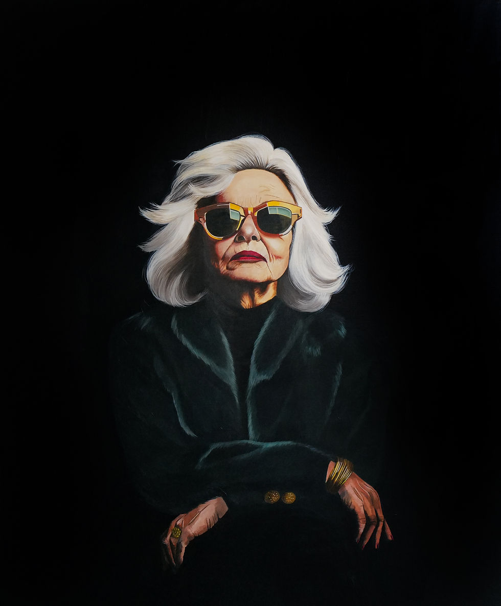 Portrait painting of self assured, bold older woman with white bob cut and oversized sunglasses